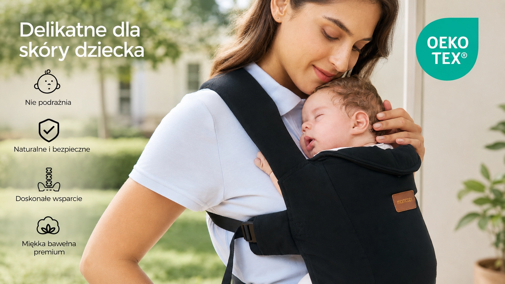 Ergonomic Momcozy CB002 WeeSnug Newborn Carrier Cotton Black carrier. Mother cuddles a sleeping child; OEKO-TEX logo visible.
