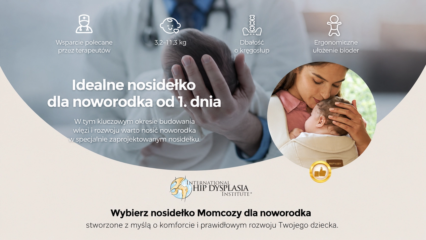 Portabebés ergonómico Momcozy CB002 WeeSnug Newborn Carrier Cotton Khaki. Una mujer abraza a un recién nacido en un portabebés color caqui.