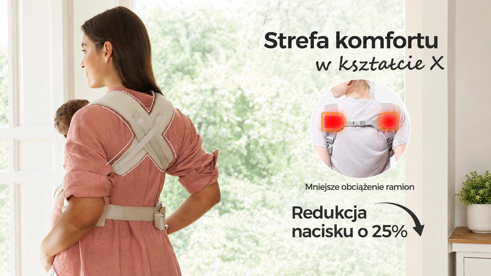 Portabebés ergonómico Momcozy CB002 WeeSnug Newborn Carrier Cotton Khaki. Una mujer de espaldas presenta las correas X-Shape.
