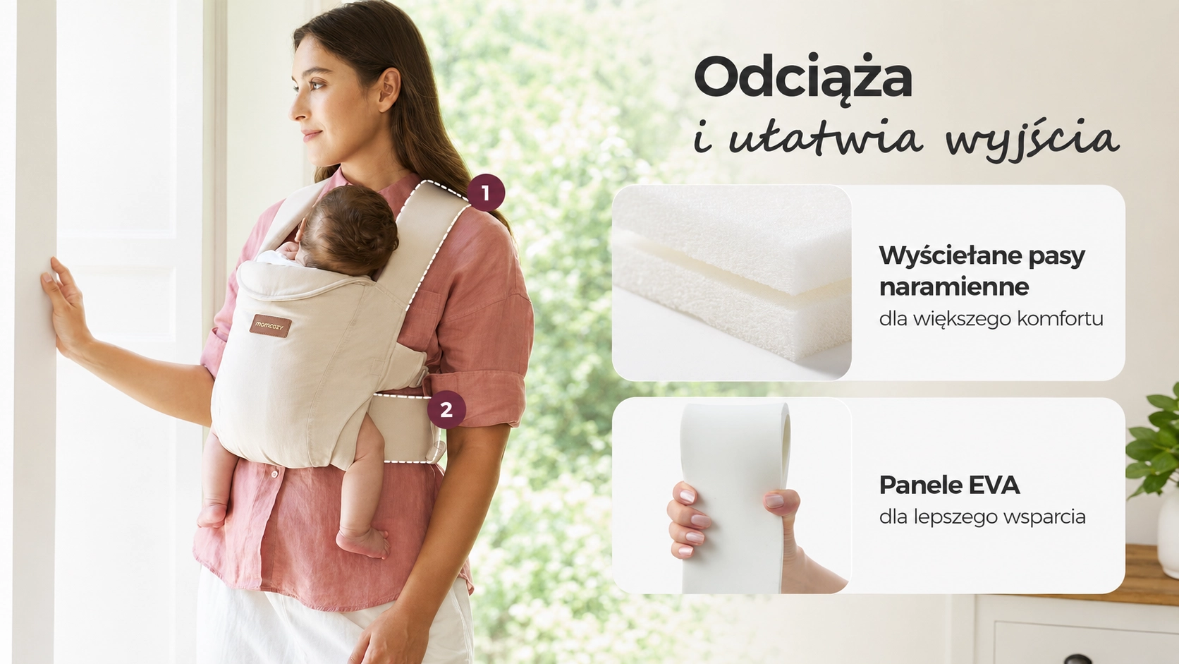 Portabebés ergonómico Momcozy CB002 WeeSnug Newborn Carrier Cotton Khaki. Una mujer con un libro sostiene a un bebé en el portabebés.