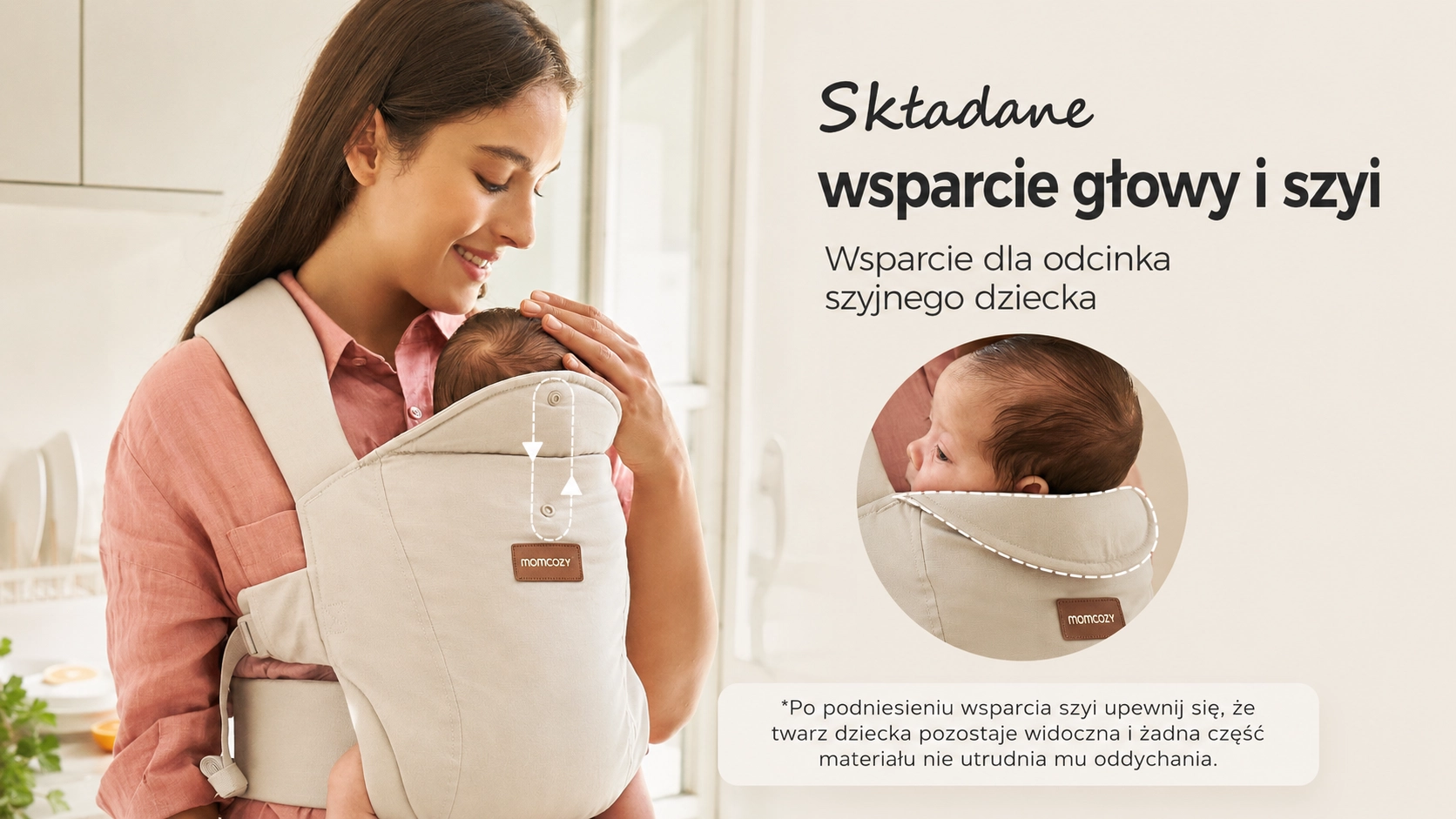 Portabebés ergonómico Momcozy CB002 WeeSnug Newborn Carrier Cotton Khaki. Primer plano del cuello de apoyo plegable.