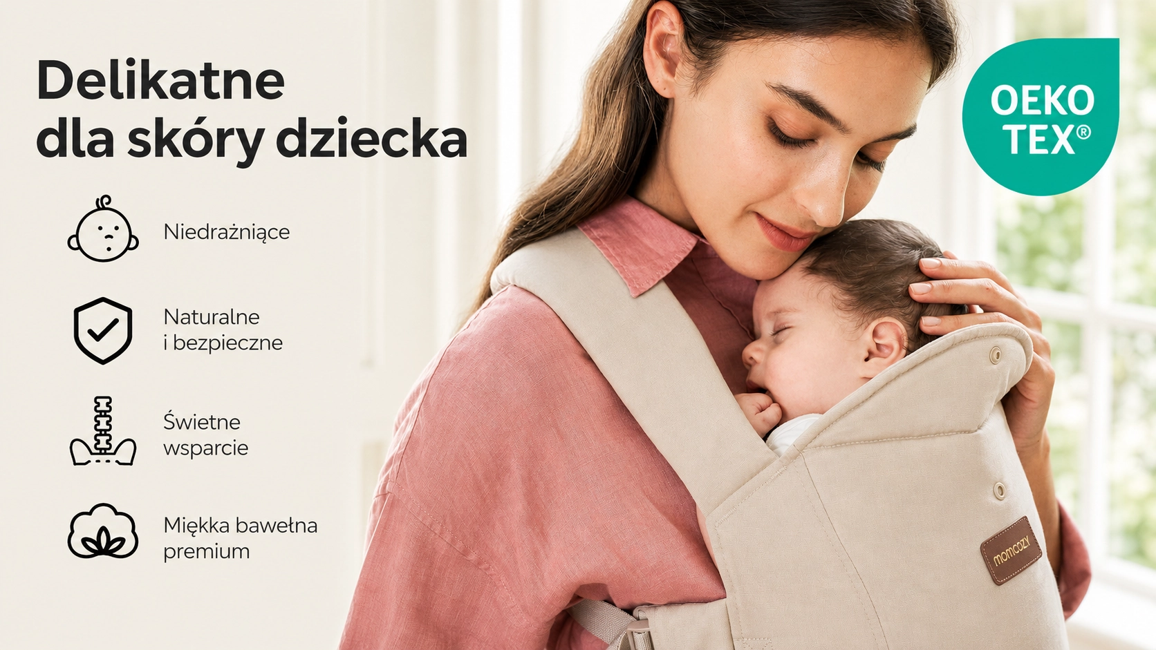 Portabebés ergonómico Momcozy CB002 WeeSnug Newborn Carrier Cotton Khaki. Una madre abraza a un niño dormido; visible el logotipo OEKO-TEX.