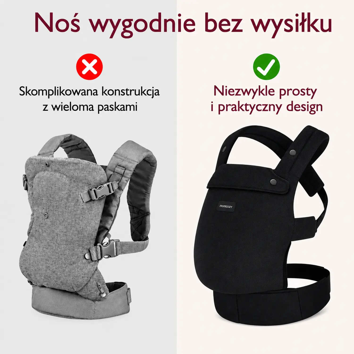 Comparação do porta-bebés – porta-bebés cinzento dobrado com várias correias à esquerda, modelo preto simples à direita