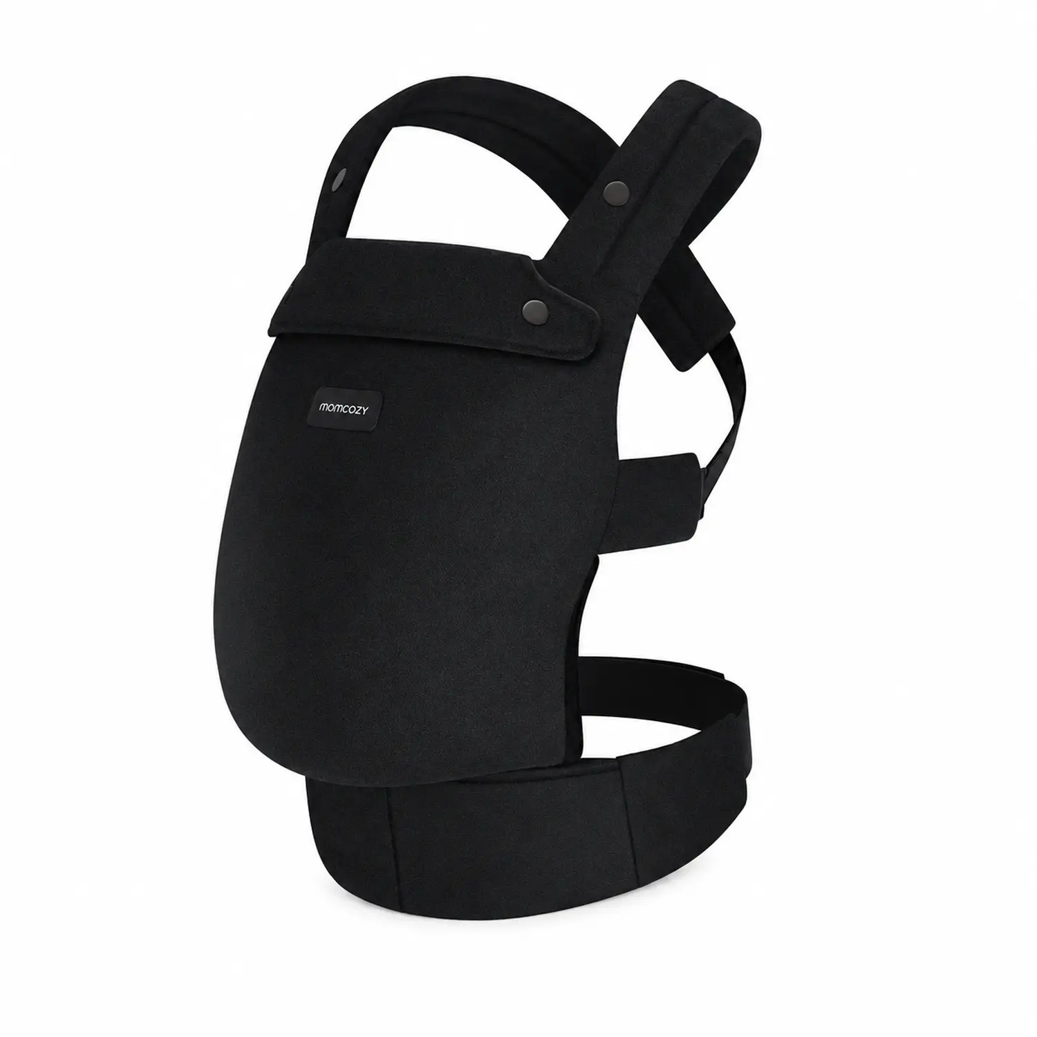 Porta-bebés preto vista frontal, mostrando um design simples e minimalista e uma forma ergonómica