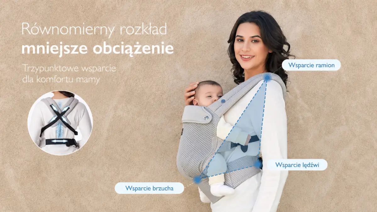 Una donna tiene un bambino in un marsupio grigio con cinghie regolabili e supporto per i fianchi.