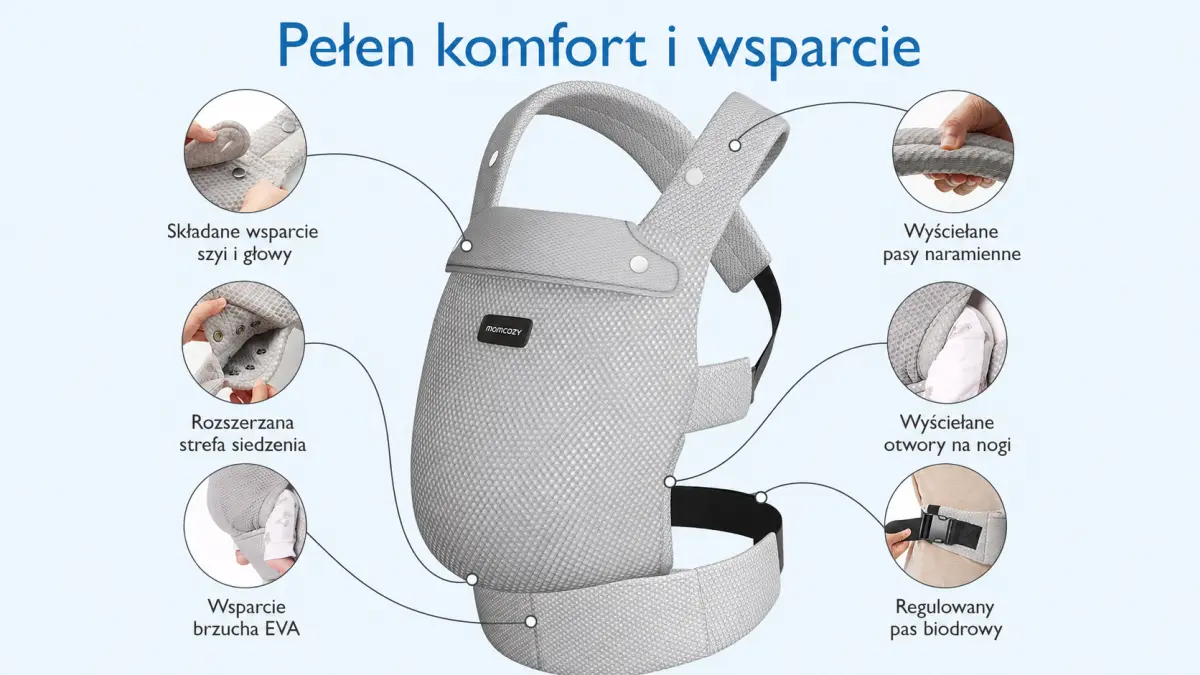 Marsupio grigio per bambini con spallacci, fibbia lombare e pannello morbido.