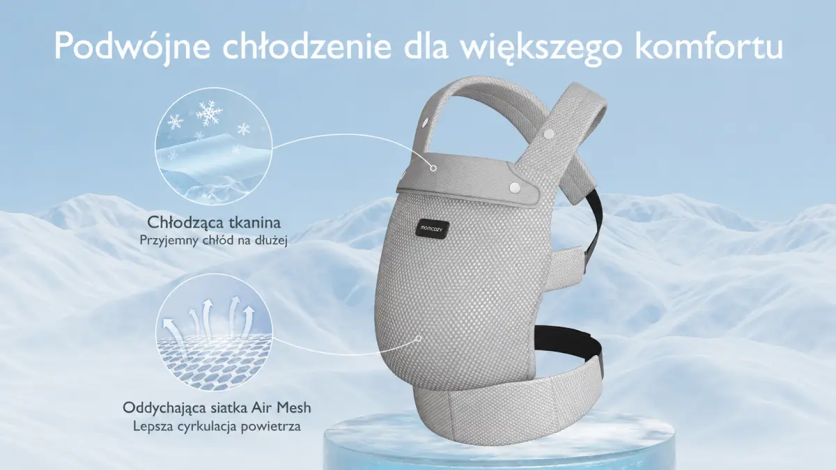 Marsupio grigio per bambini con pannello in rete e ampia cintura lombare.