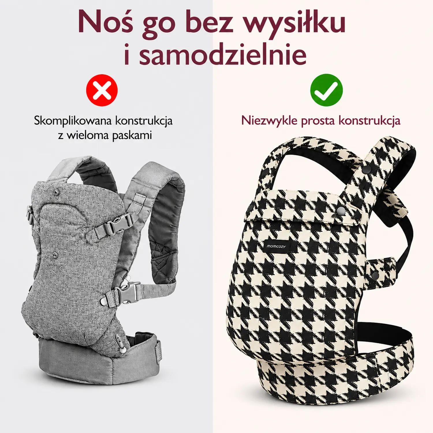 Comparação do porta-bebés – porta-bebés cinzento dobrado com várias alças à esquerda, modelo Houndstooth simples à direita