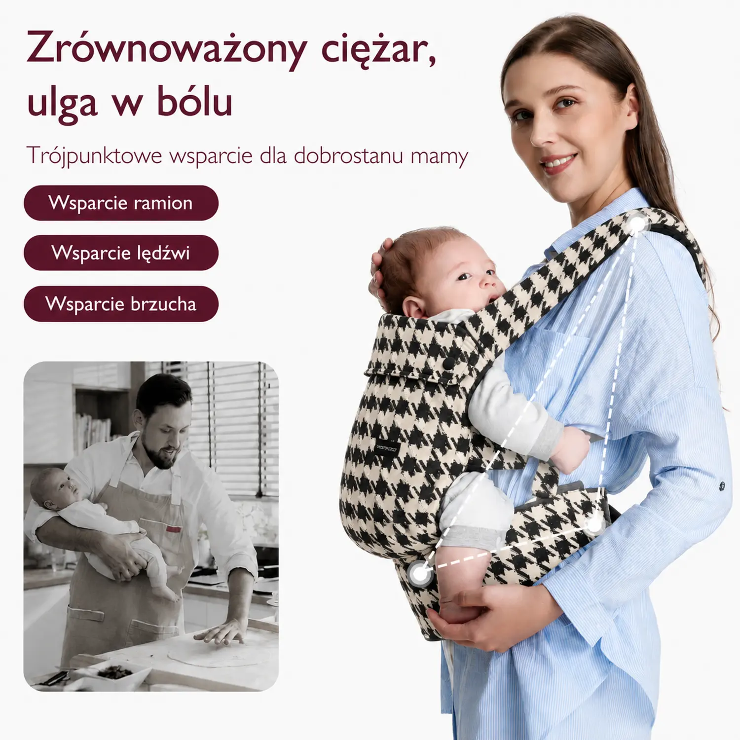 Mulher a transportar um bebé no porta-bebés Houndstooth, com três pontos de apoio assinalados: ombros, zona lombar, abdómen