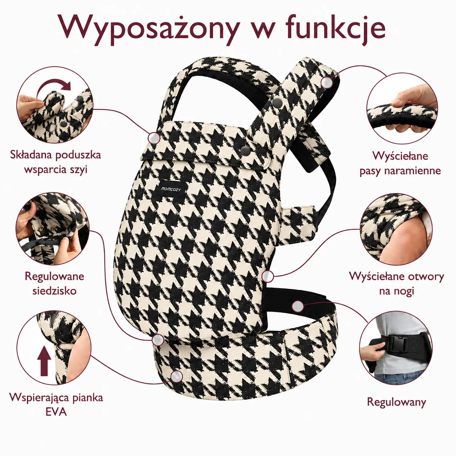 Vista aproximada do porta-bebés Houndstooth, com elementos assinalados: apoio de pescoço dobrável, alças de ombro almofadadas, assento ajustável, aberturas para as pernas, espuma EVA, cinto ajustável