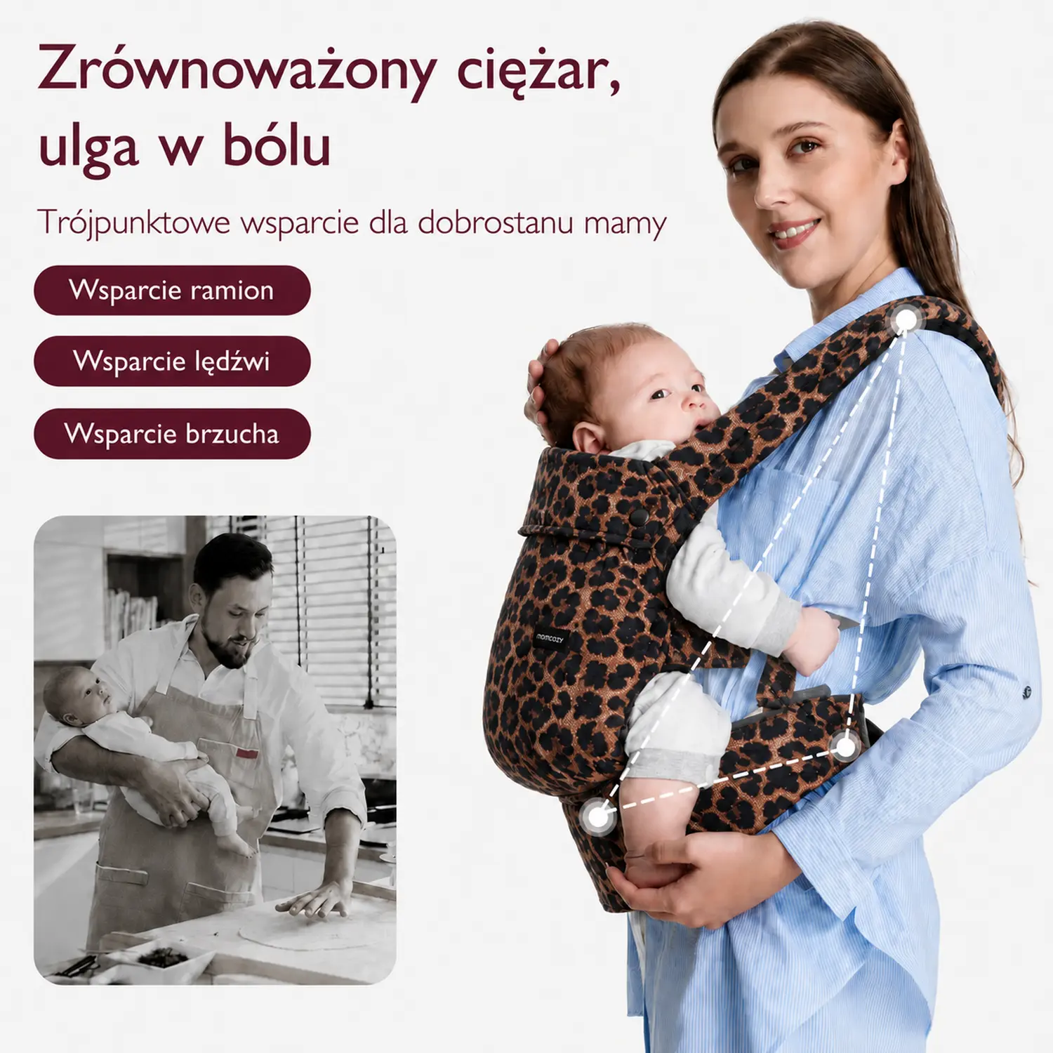 Mulher a transportar um bebé num porta-bebés com padrão leopardo, com três pontos de apoio assinalados: ombros, zona lombar, barriga