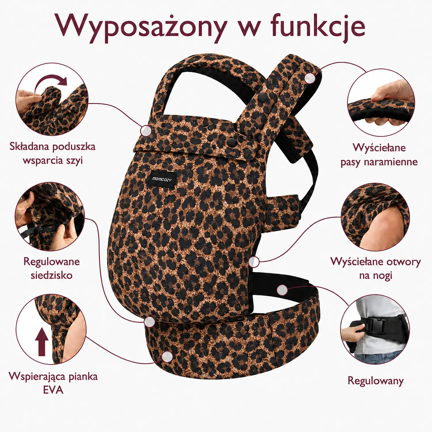 Comparação do porta-bebés – porta-bebés cinzento dobrado com várias cintas à esquerda, porta-bebés com padrão leopardo à direita