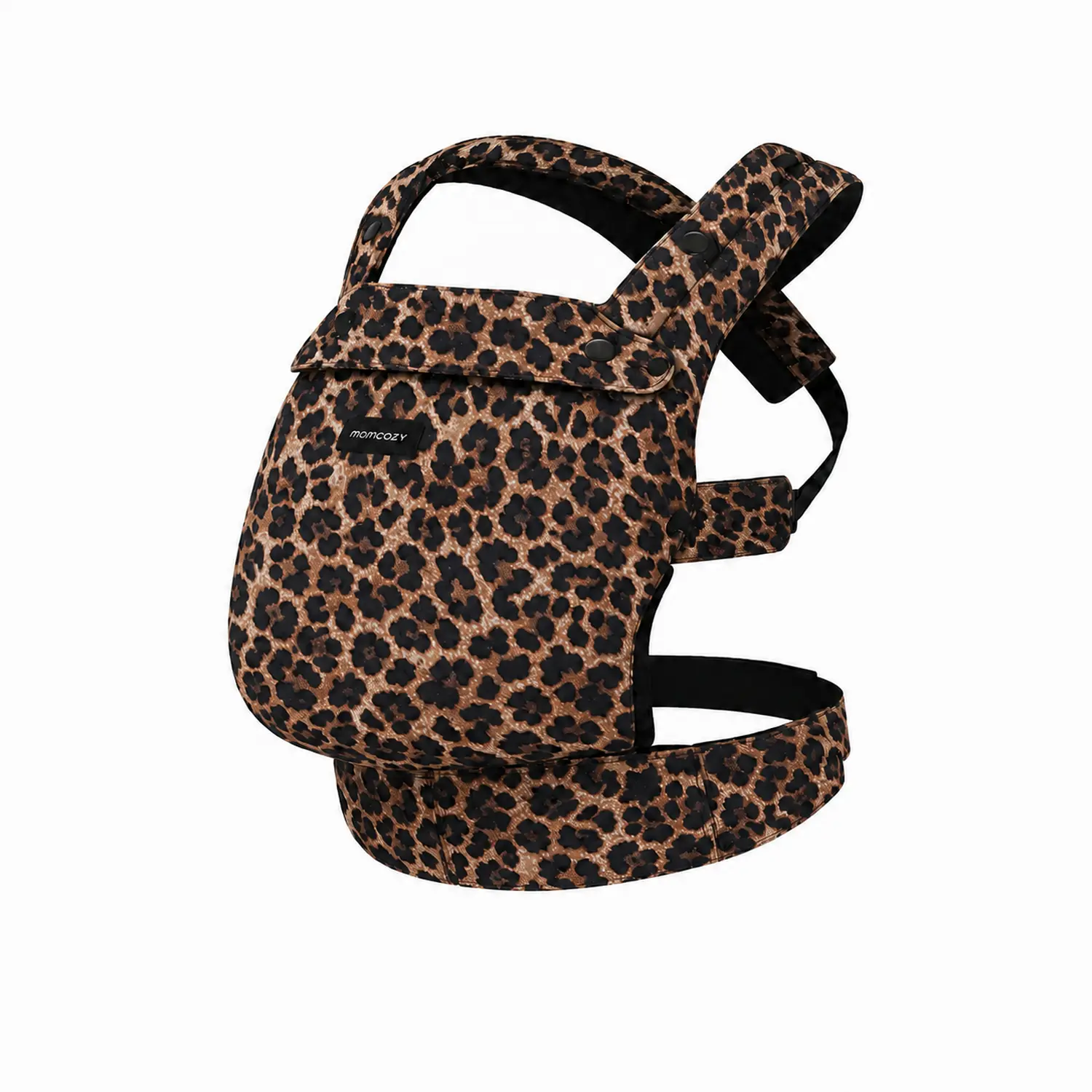 Porta-bebés leopardo em close-up, com elementos indicados: apoio de pescoço dobrável, alças de ombro acolchoadas, assento ajustável, aberturas para as pernas, espuma EVA, cinto ajustável