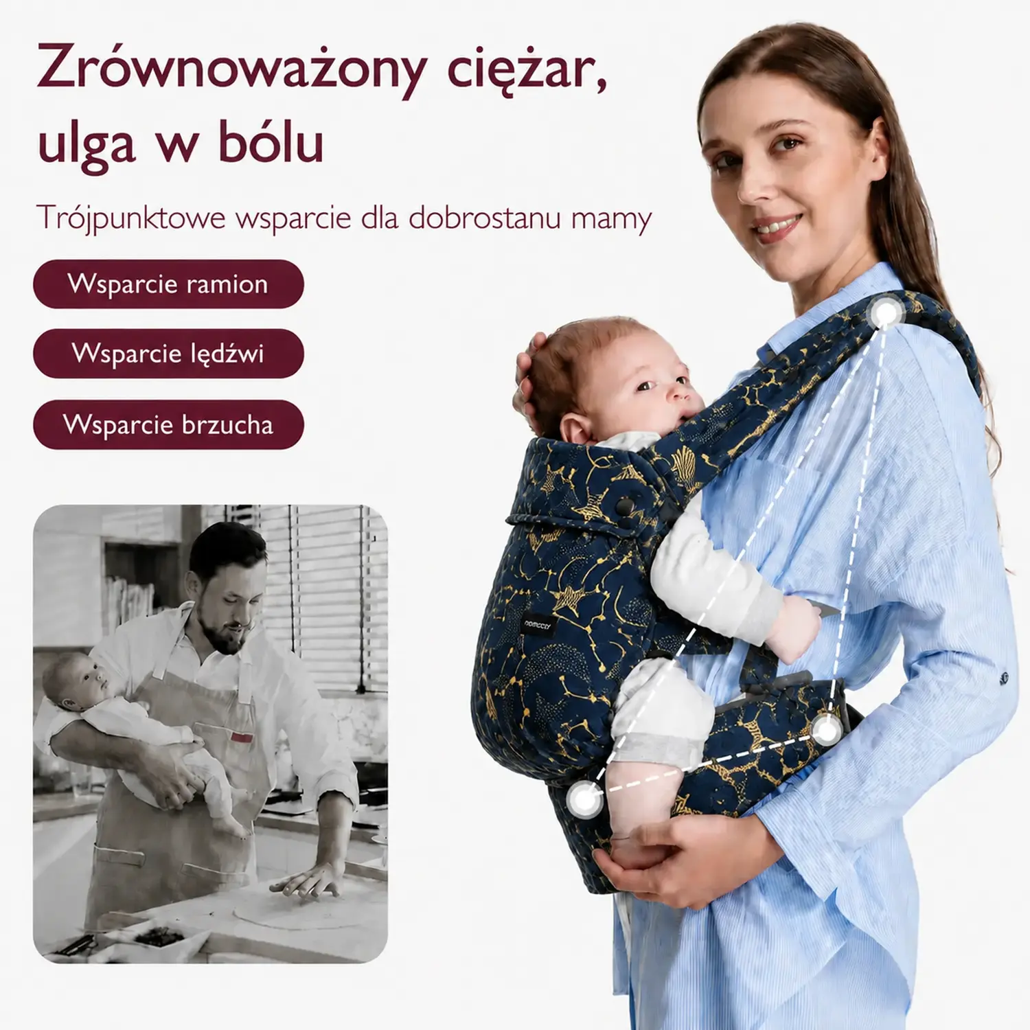 Mãe a transportar um bebé num porta-bebés ergonómico azul-marinho e dourado com cintas ajustáveis.