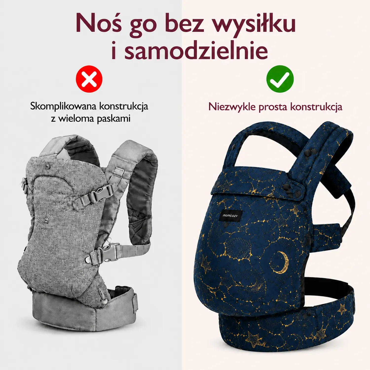 Comparação de dois porta-bebés: um cinzento com várias cintas e um azul-marinho com construção simples, destacados por ícones.