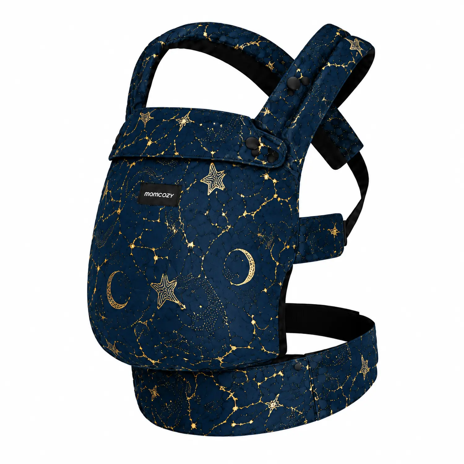 Porta-bebés ergonómico azul-marinho com cintas ajustáveis, close-up aos detalhes e ao padrão de estrelas e lua.