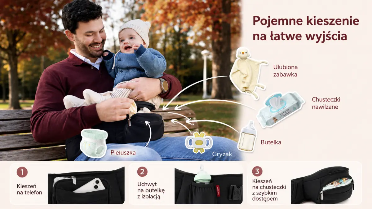 Matka používající nosítko 2 v 1 Momcozy se sedátkem na boky v parku