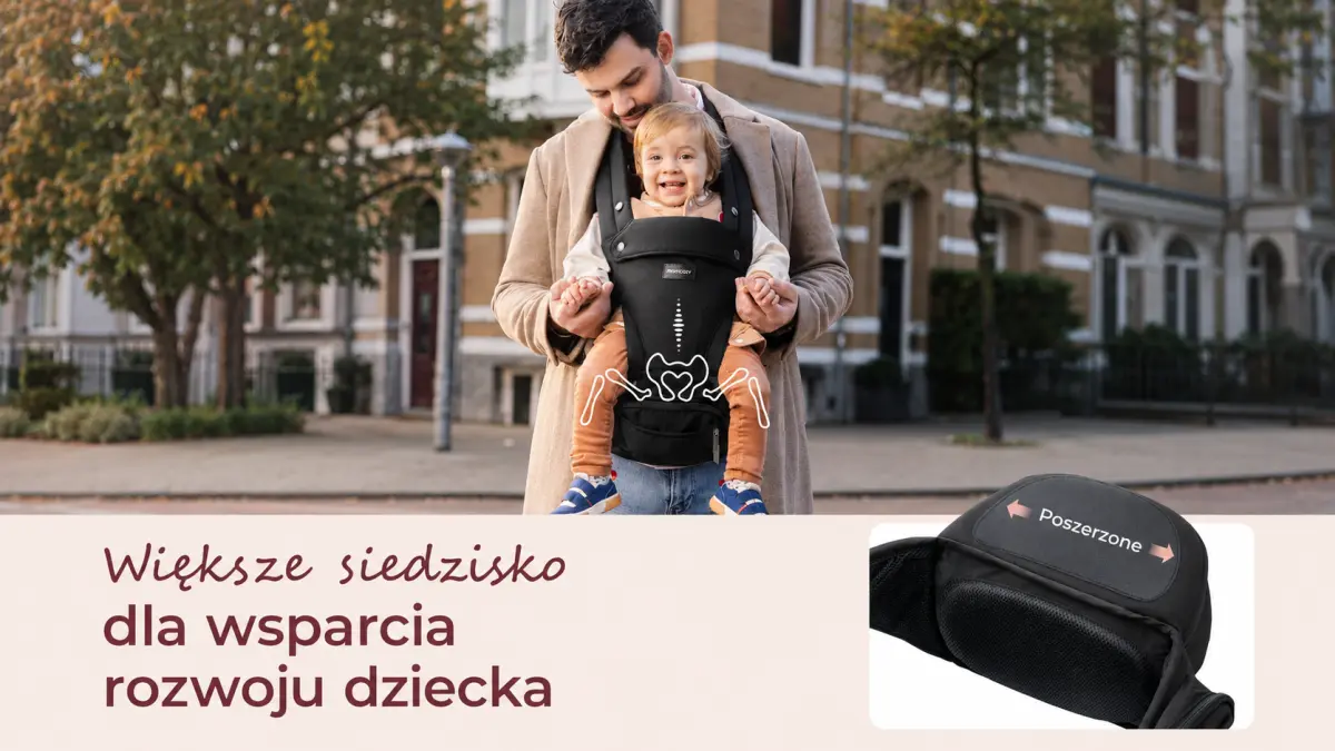 Detail širokého, ergonomického sedátka na boky nosítka Momcozy