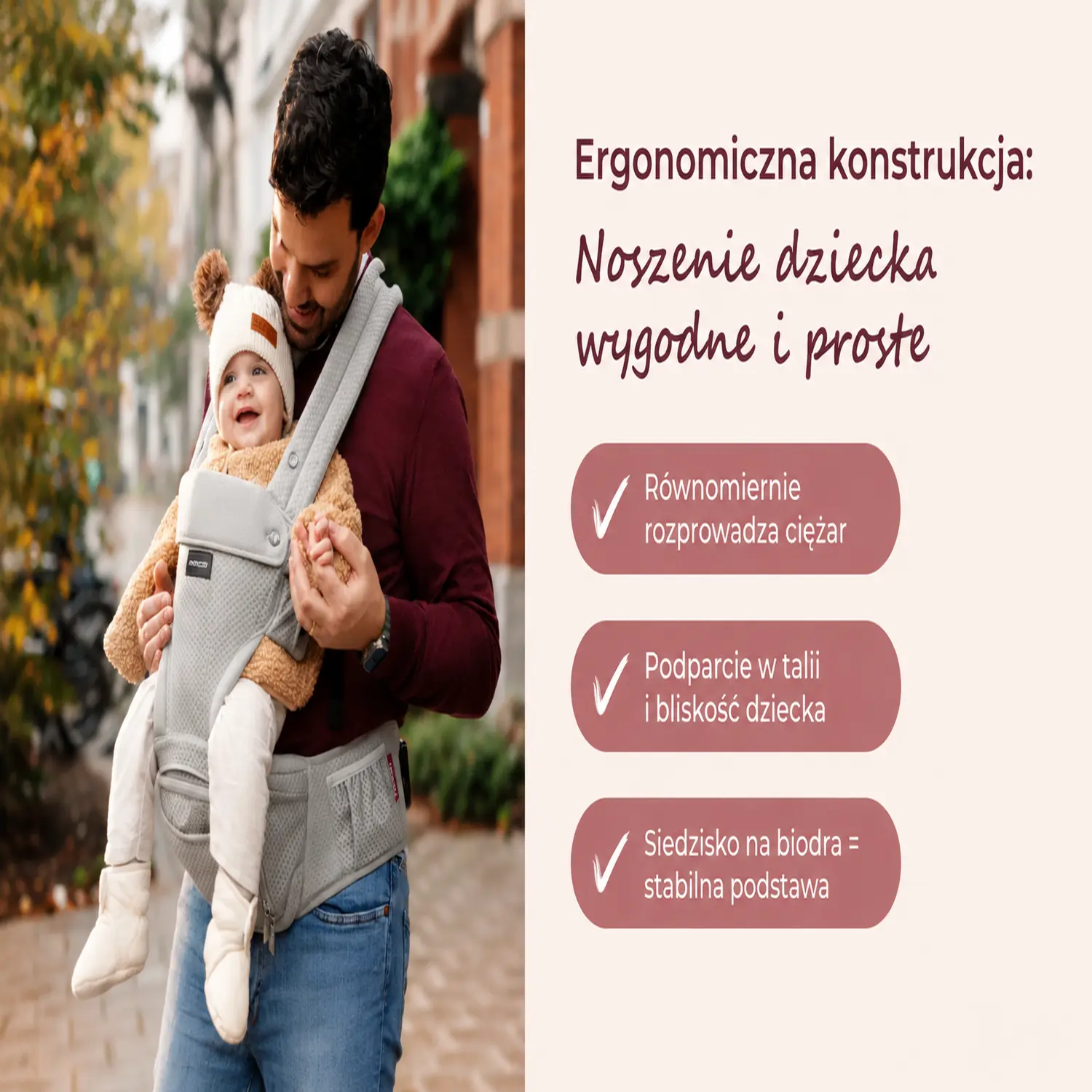 Primer plano del asiento de cadera estable del portabebés Momcozy que alivia la columna