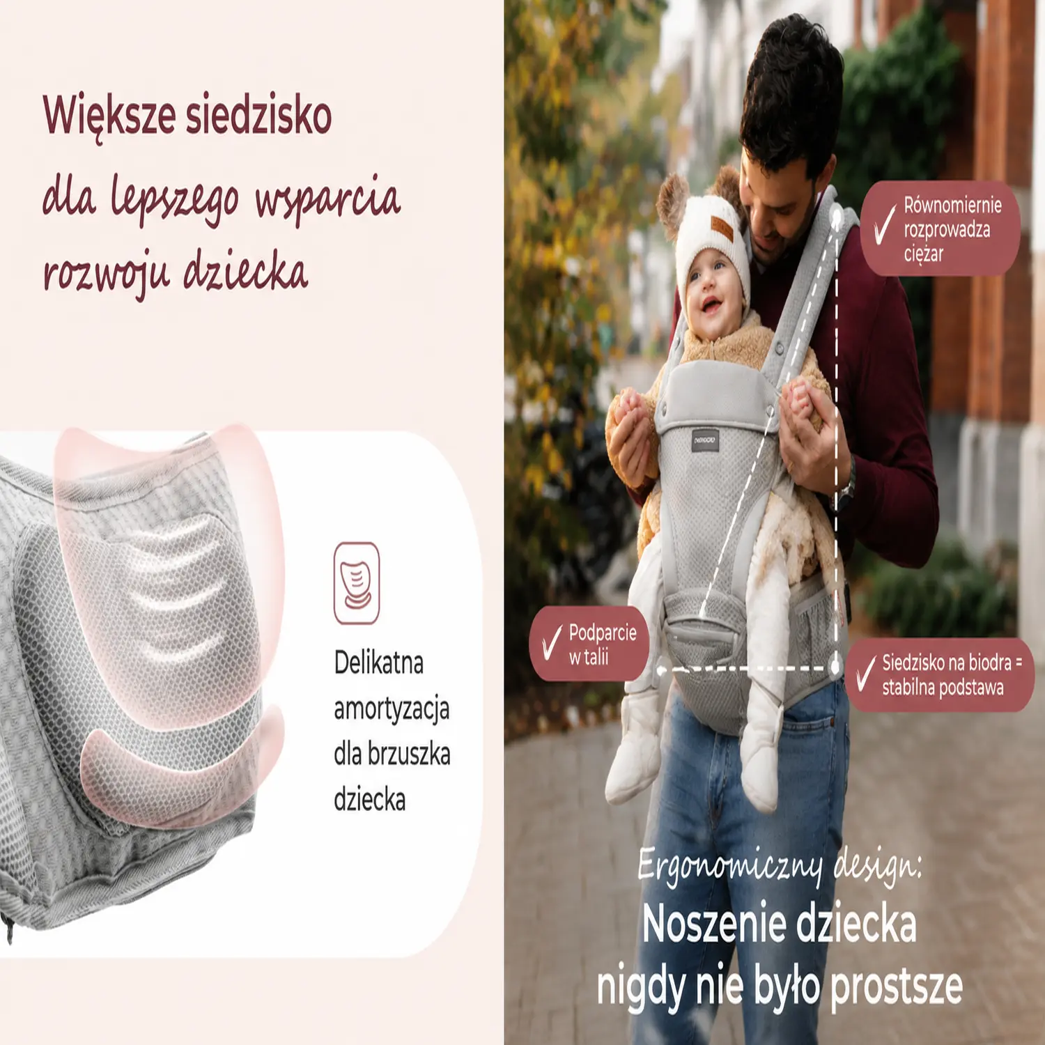 Bebé colocado en el portabebés ergonómico Momcozy manteniendo una posición sentada natural