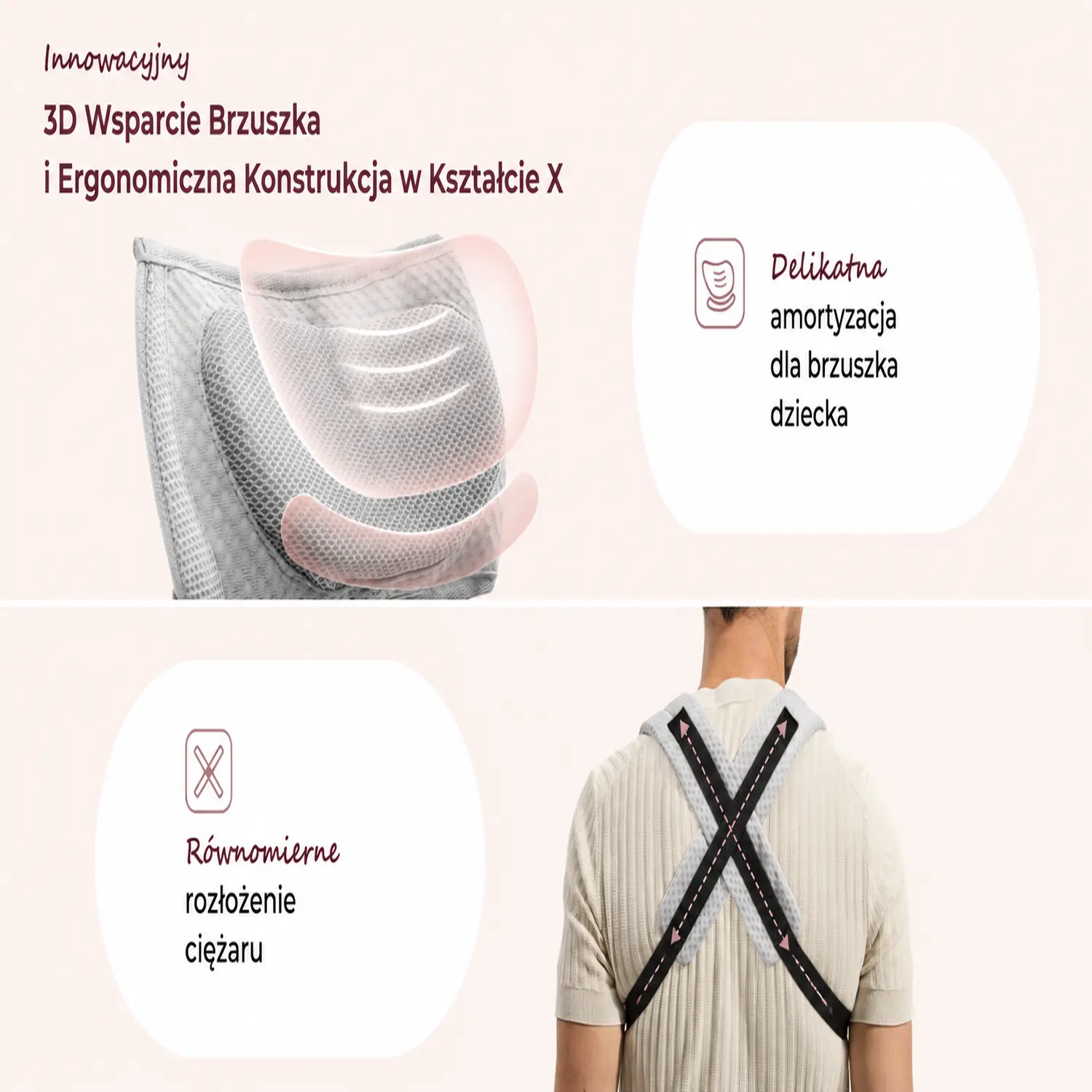 Vista trasera del portabebés Momcozy que muestra el diseño de los tirantes en forma de X