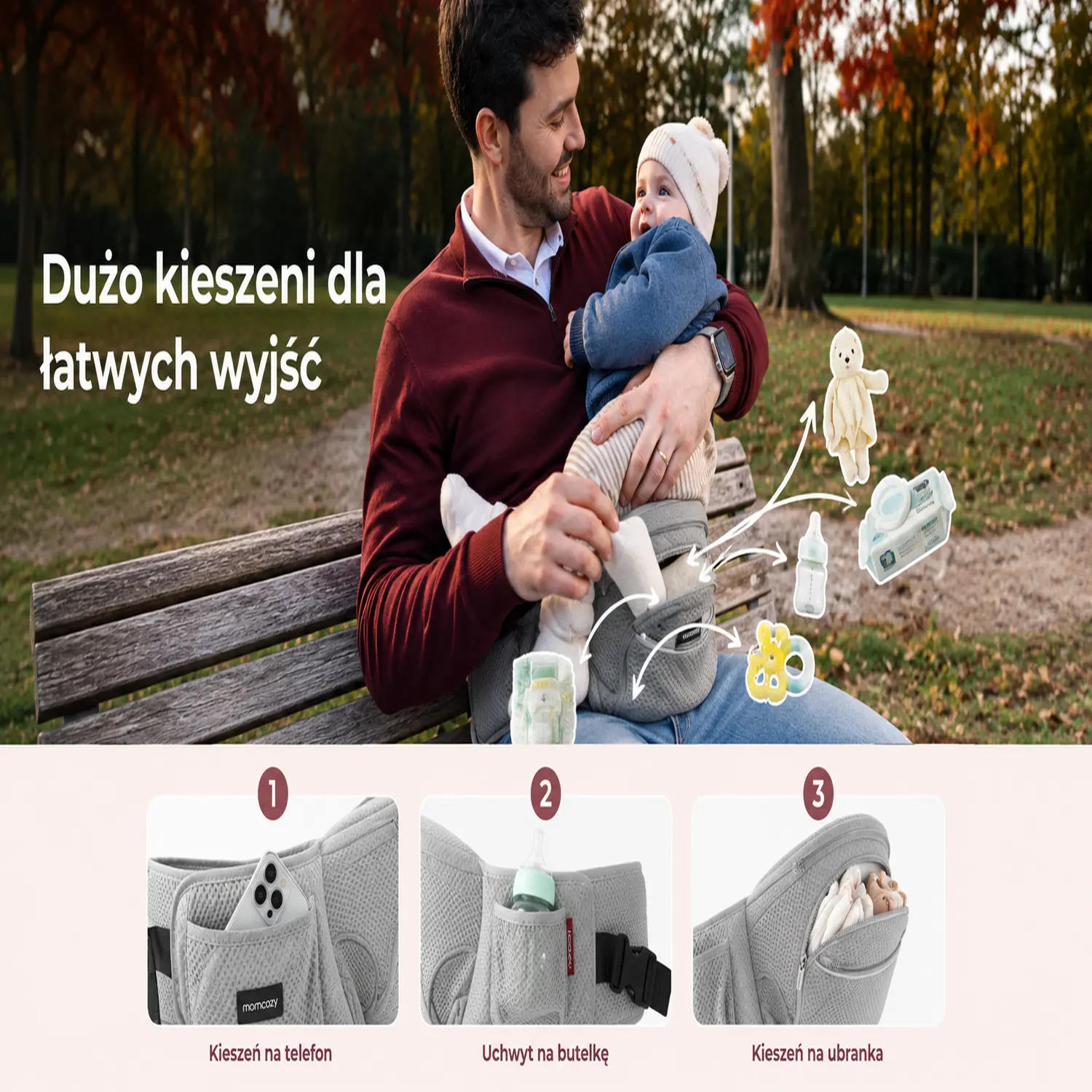 Hebillas resistentes y elementos de ajuste del portabebés ergonómico Momcozy