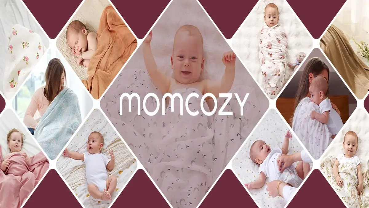 Envolventes coloridos e sacos de dormir para bebés em disposição em mosaico, crianças em várias posições deitadas em camas.