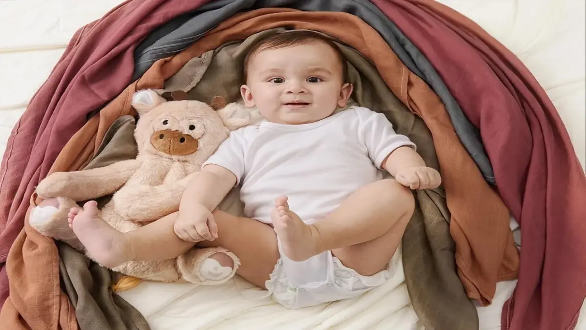 Um bebé sorridente está deitado num envolvente em cores neutras, com um brinquedo de peluche ao lado.