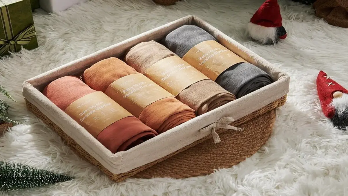 Conjunto de envolventes coloridos dispostos num cesto, ambiente festivo com decorações e uma mini árvore de Natal.