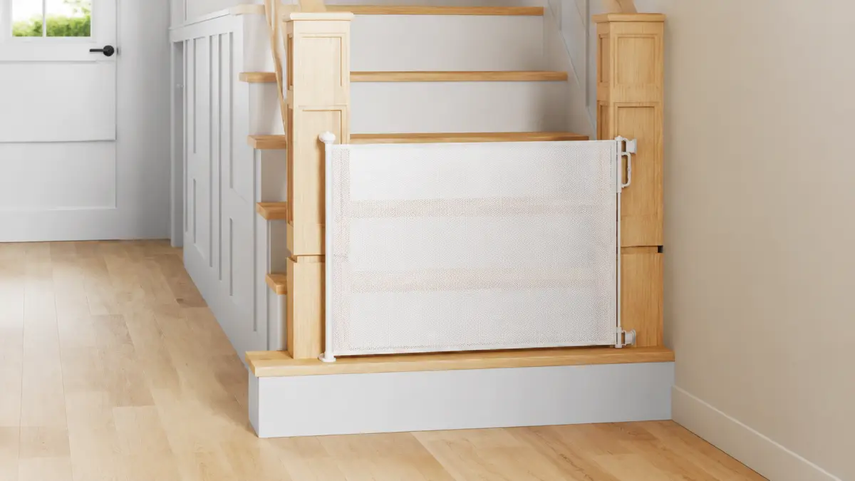 Barrera de seguridad blanca colocada al pie de unas escaleras con pelda&ntilde;os de madera y pasamanos.