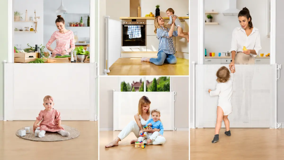 Collage que muestra a ni&ntilde;os y cuidadores en la cocina y el sal&oacute;n con una barrera de seguridad blanca, distintas situaciones de juego y cuidado.