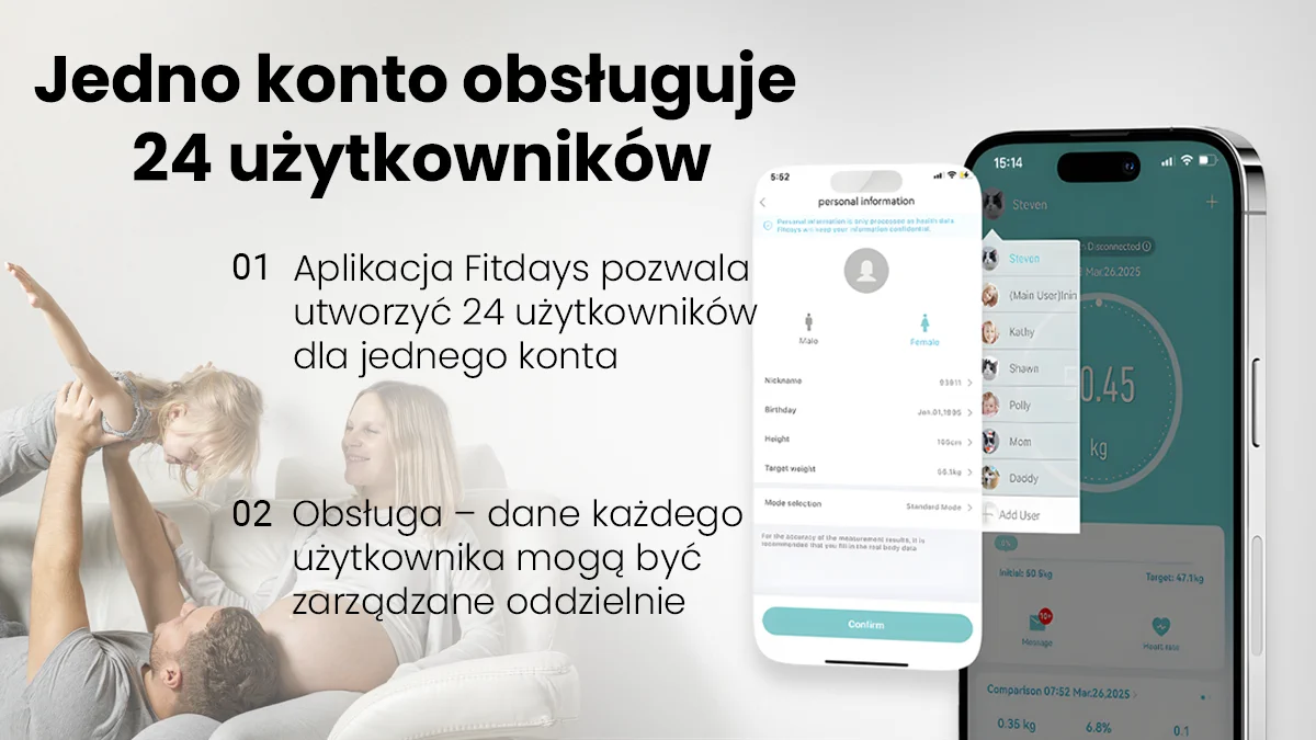 Smartphone showing application interface, in the background a family of three on the couch