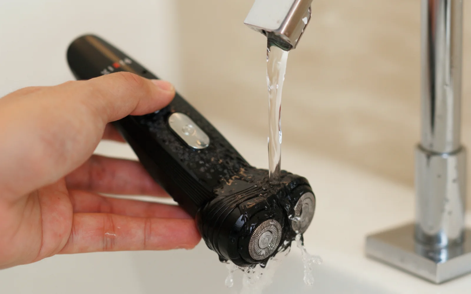 una persona enjuaga la afeitadora rotativa dix con agua corriente