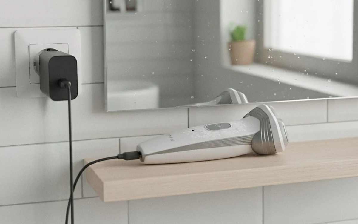 la afeitadora dixix pro está en la repisa bajo el espejo del baño enchufada al cargador