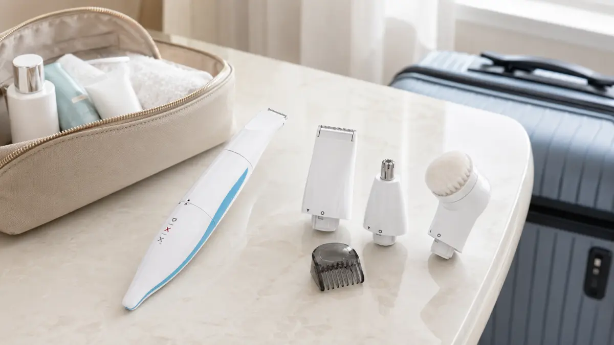 DIXIX Mini Personal Groomer z wymiennymi głowicami obok kosmetyczki podróżnej