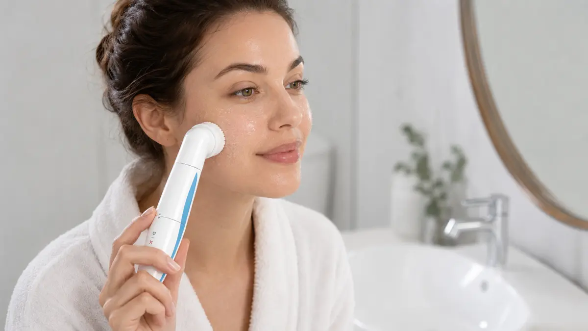 Kobieta oczyszczająca twarz szczoteczką DIXIX Mini Personal Groomer