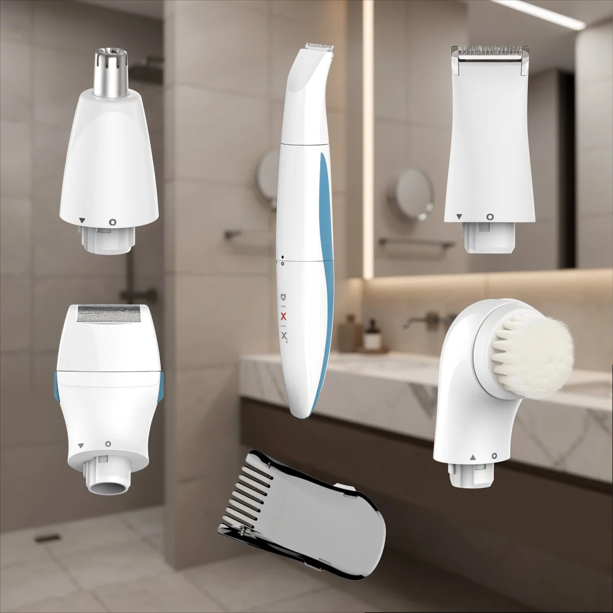 DIXIX Mini Personal Groomer recortadora y cabezales intercambiables, baño al fondo