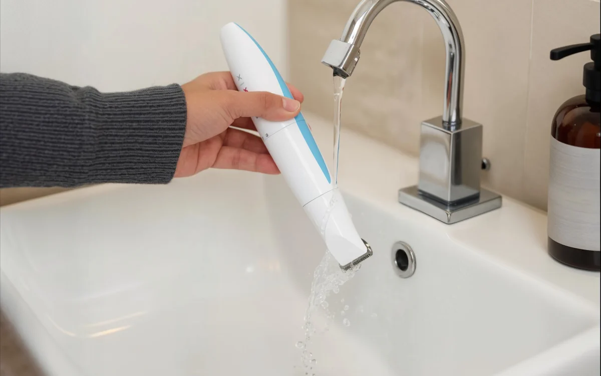 la persona sujeta el DIXIX Mini Personal Groomer y enjuaga el cabezal bajo el grifo del lavabo