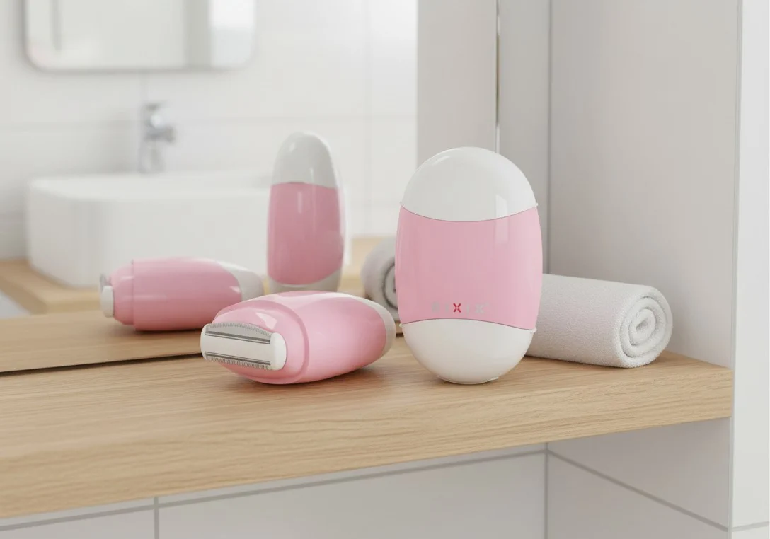 DLT1100 peach trimmer on the shelf under the mirror in the bathroom, next to a rolled up white towel