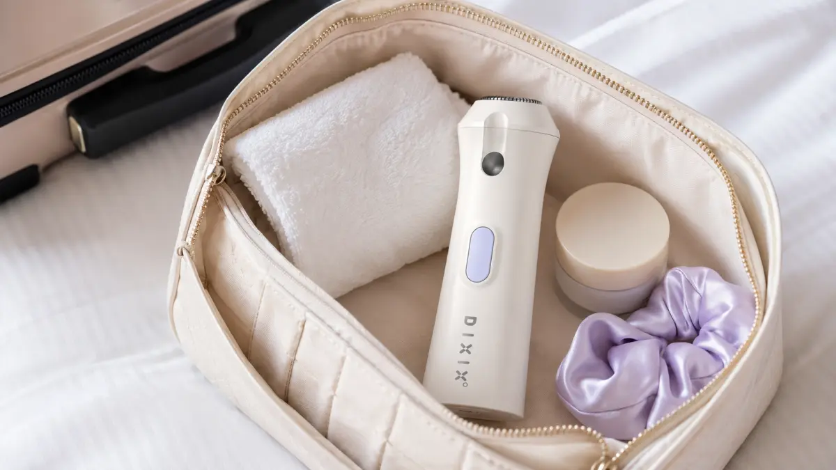 DIXIX Mini Hair Remover v bílé kosmetické taštičce s příslušenstvím