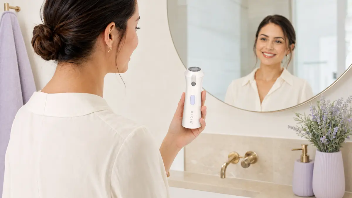 Žena s holicím strojkem DIXIX Mini Hair Remover před zrcadlem v koupelně