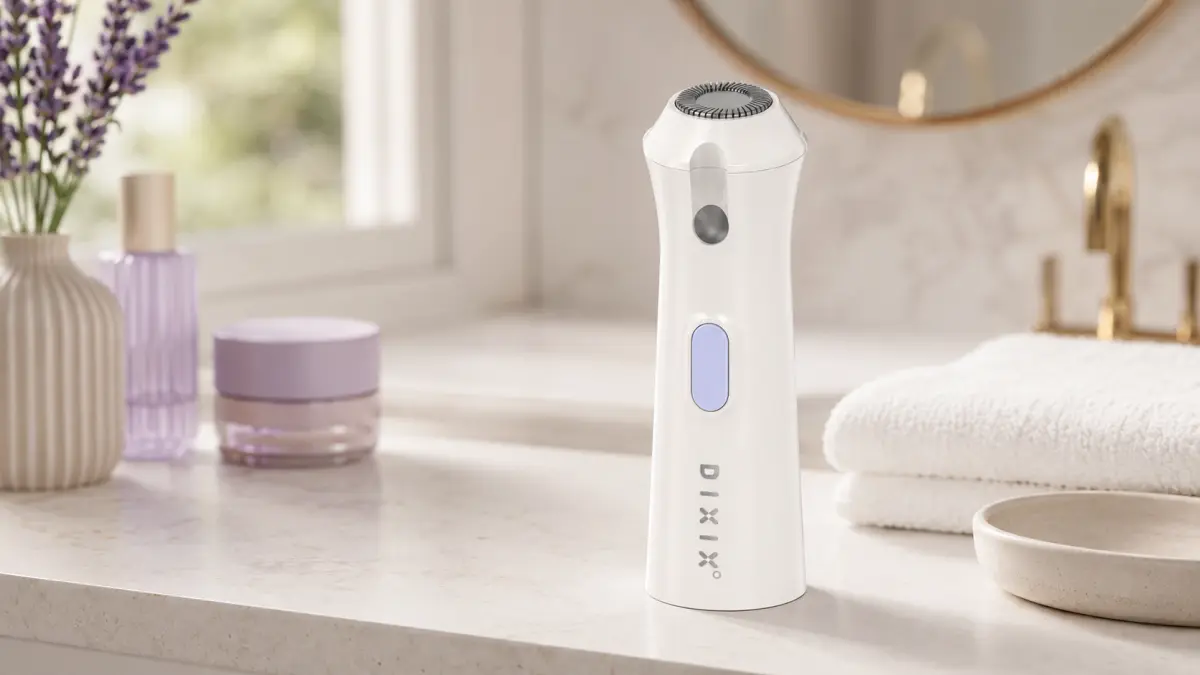 Bílý DIXIX Mini Hair Remover umístěný na koupelnové desce