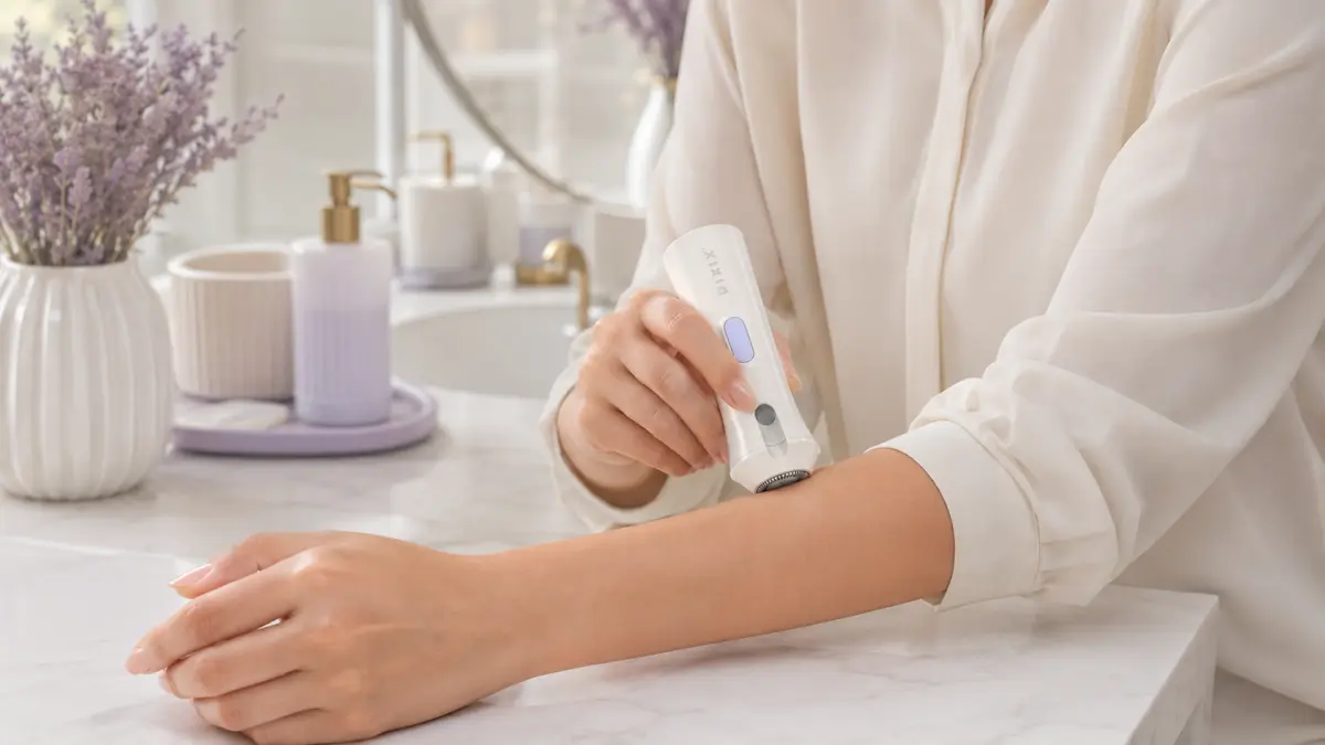 Žena používající DIXIX Mini Hair Remover na předloktí