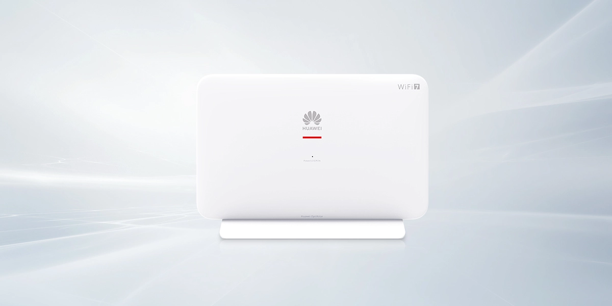 Router Huawei OptiXstar EN8145B7Ns sobre fondo blanco, vista frontal con logotipo e iluminaci&oacute;n LED
