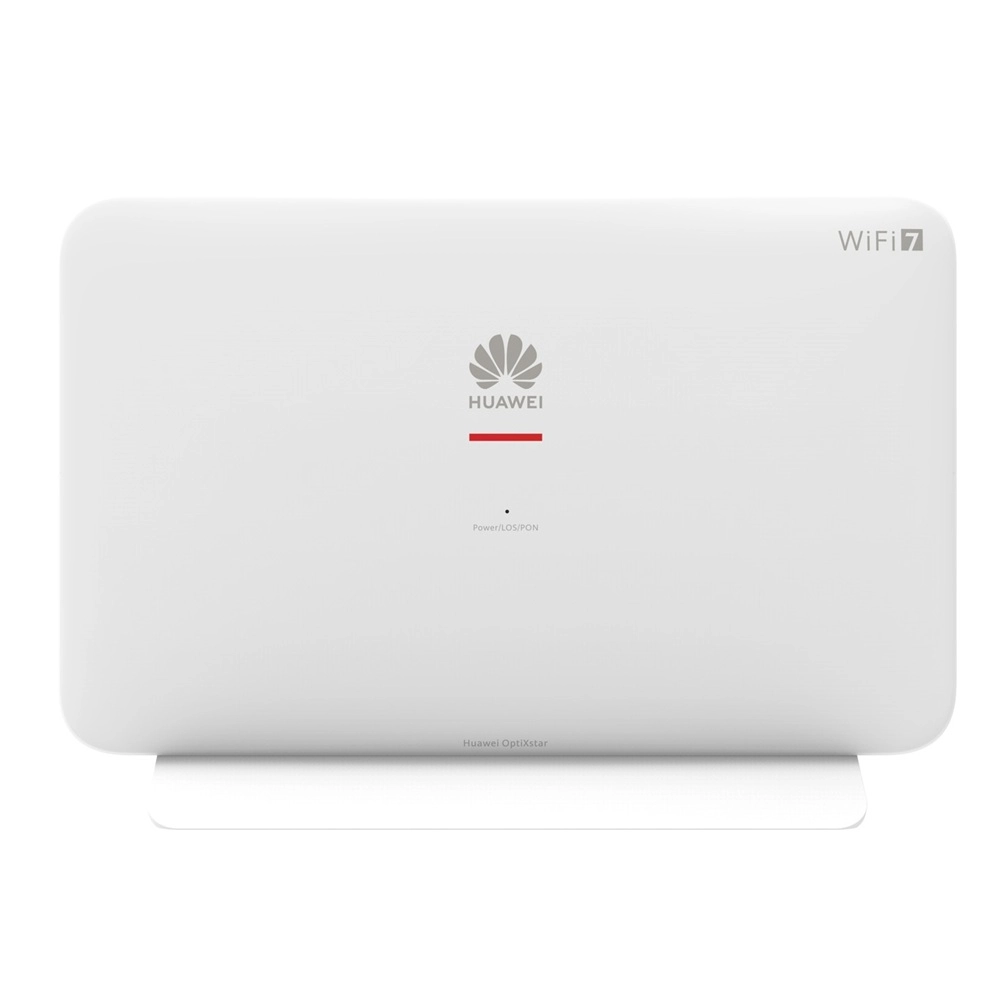 Primer plano de la parte frontal del router Huawei OptiXstar EN8145B7Ns con el logotipo y la designaci&oacute;n del modelo