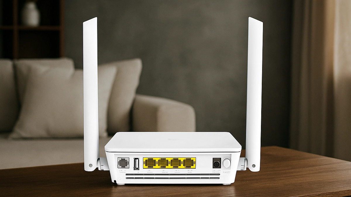 Router with two antennas, rear view with additional USB and Ethernet ports.