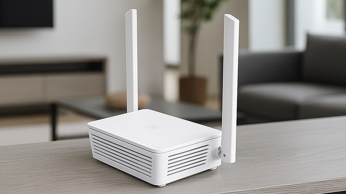 Modern router with two antennas, set against a stylish modern interior
