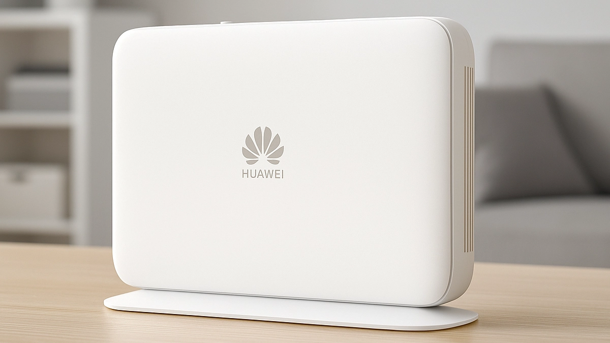 Ahşap bir masa üzerinde duran yönlendirici, arka planda kanepe ve raflar bulunan bulanık oturma odası