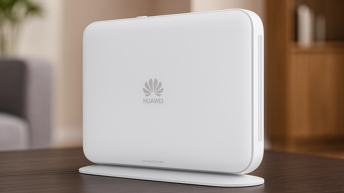 İç mekanda koyu renkli bir masa üzerinde yönlendirici, arka planda kitaplık ve kanepe