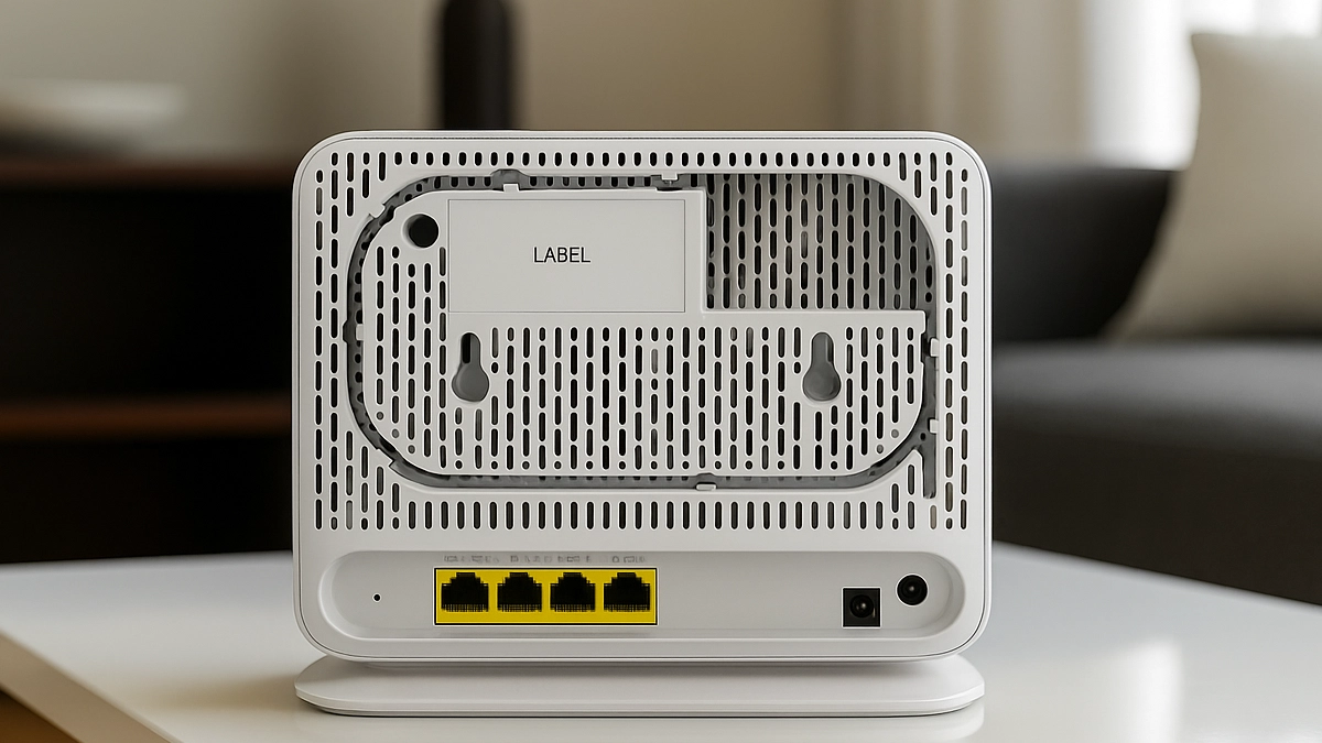 Yönlendiricinin dört Ethernet bağlantı noktası, güç girişi ve montaj delikleri içeren arka paneli